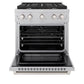 ZLINE 30 in. 4.2 cu. ft. Paramount Dual Fuel Range with 4 Burner Gas Cooktop and Electric Convection Oven in Satin Stainless Steel (SDRS-30) front, oven open.