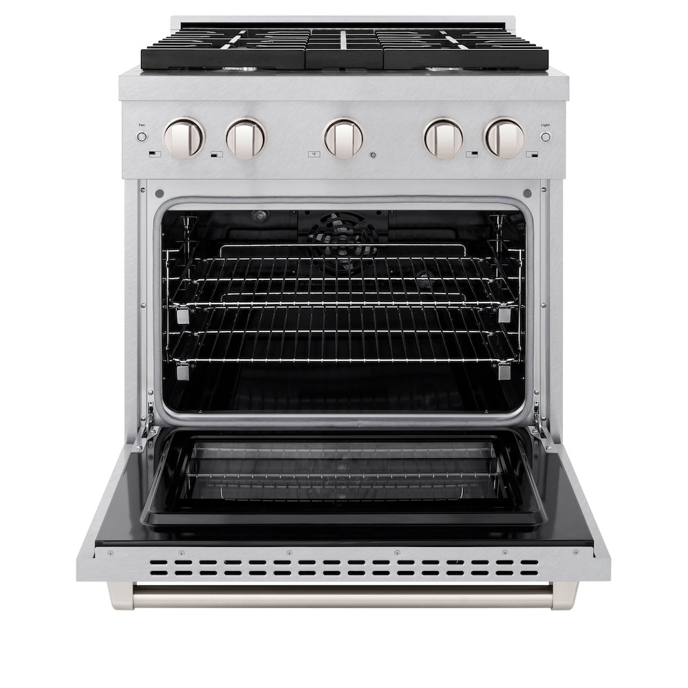 ZLINE 30 in. 4.2 cu. ft. Paramount Dual Fuel Range with 4 Burner Gas Cooktop and Electric Convection Oven in Satin Stainless Steel (SDRS-30) front, oven open.