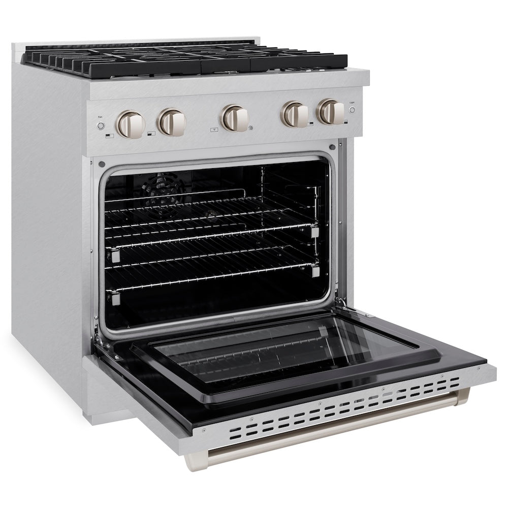 ZLINE 30 in. 4.2 cu. ft. Paramount Dual Fuel Range with 4 Burner Gas Cooktop and Electric Convection Oven in Satin Stainless Steel (SDRS-30) side, open.