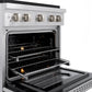 ZLINE 30 in. 4.2 cu. ft. Paramount Dual Fuel Range with 4 Burner Gas Cooktop and Electric Convection Oven in Satin Stainless Steel (SDRS-30) close-up, open oven with racks extended, showing interior components.