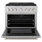 ZLINE 36 in. 5.2 cu. ft. Paramount Dual Fuel Range with 6 Burner Gas Cooktop and Electric Convection Oven in Satin Stainless Steel (SDRS-36) front, oven open.