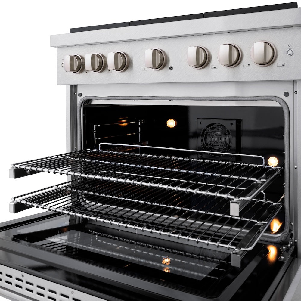 ZLINE 36 in. 5.2 cu. ft. Paramount Dual Fuel Range with 6 Burner Gas Cooktop and Electric Convection Oven in Satin Stainless Steel (SDRS-36) front, oven open showing interior racks and lights.