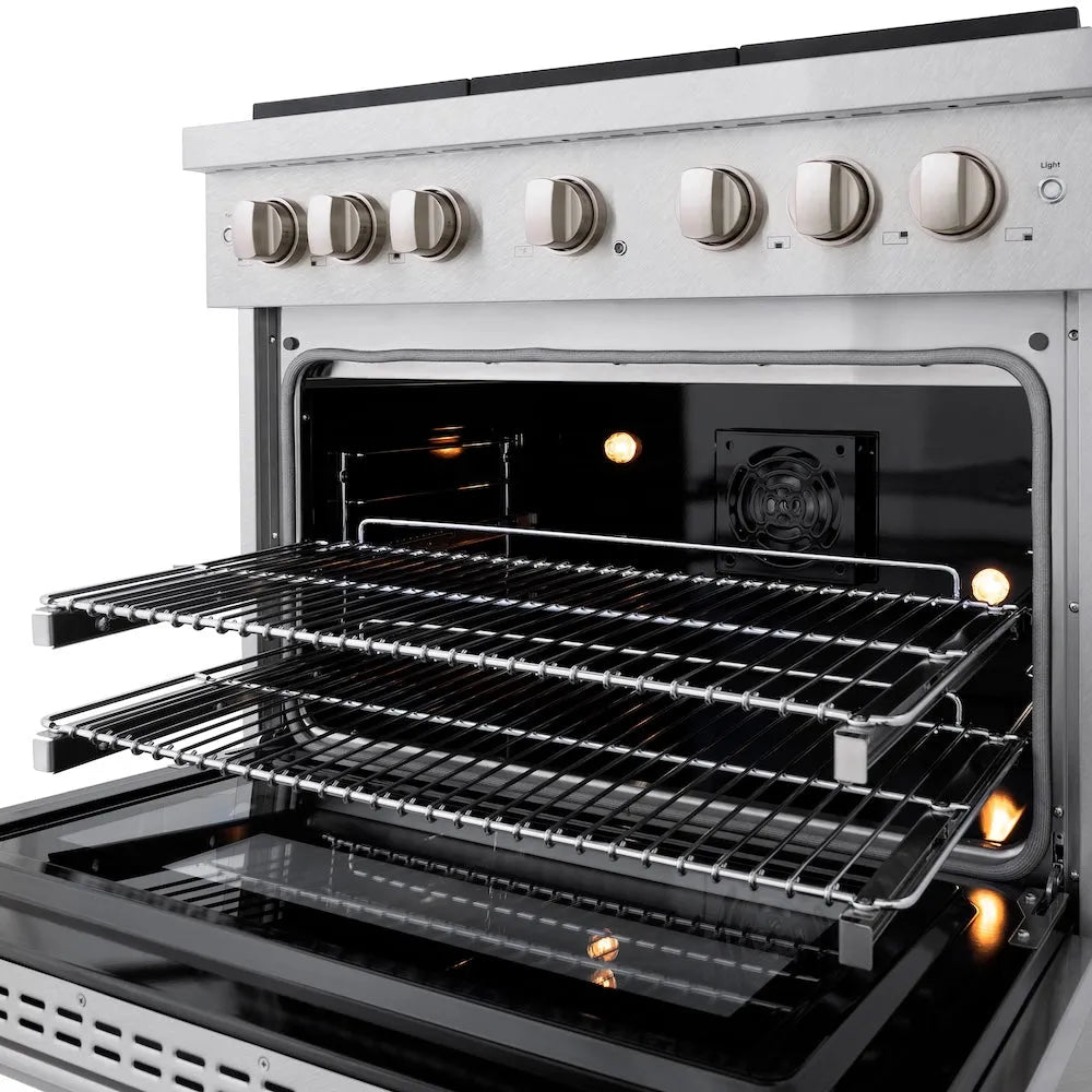 ZLINE 36 in. 5.2 cu. ft. Paramount Dual Fuel Range with 6 Burner Gas Cooktop and Electric Convection Oven in Satin Stainless Steel (SDRS-36) front, oven open showing interior racks and lights.
