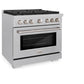 ZLINE 36 in. 5.2 cu. ft. Paramount Dual Fuel Range with 6 Burner Gas Cooktop and Electric Convection Oven in Satin Stainless Steel (SDRS-36) side.