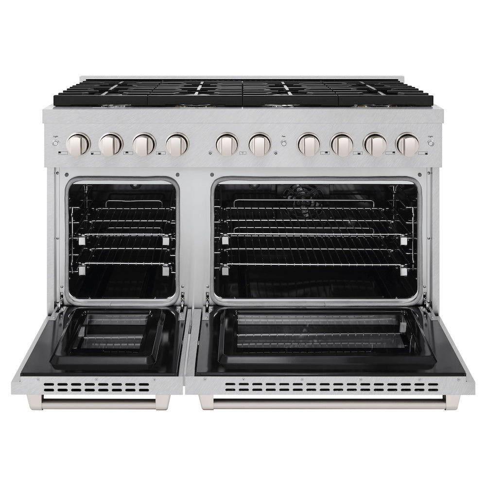 ZLINE 48 in. 6.7 cu. ft. Paramount Double Oven Dual Fuel Range with 8 Burner Gas Cooktop in Satin Stainless Steel (SDRS-48) front, oven open.