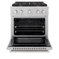 ZLINE 30 in. 4.2 cu. ft. Paramount Dual Fuel Range with Gas Cooktop and Electric Convection Oven in Satin Stainless Steel with 4 Brass Burners (SDRS-BR-30) front, oven open.