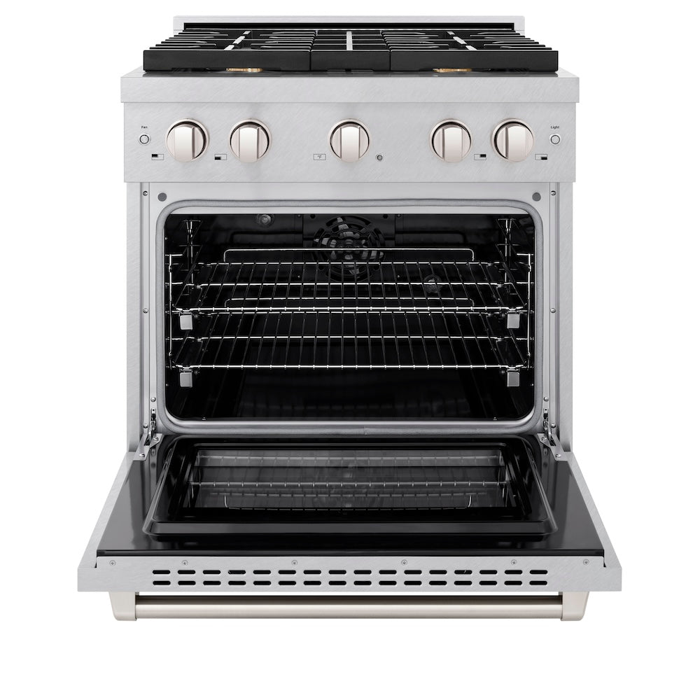 ZLINE 30 in. 4.2 cu. ft. Paramount Dual Fuel Range with Gas Cooktop and Electric Convection Oven in Satin Stainless Steel with 4 Brass Burners (SDRS-BR-30) front, oven open.