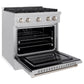 ZLINE 30 in. 4.2 cu. ft. Paramount Dual Fuel Range with Gas Cooktop and Electric Convection Oven in Satin Stainless Steel with 4 Brass Burners (SDRS-BR-30) side, open.