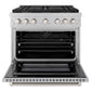 ZLINE 36 in. 5.2 cu. ft. Paramount Dual Fuel Range with Gas Cooktop and Electric Convection Oven in Satin Stainless Steel with 6 Brass Burners (SDRS-BR-36) front, oven open.