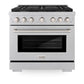 ZLINE 36 in. 5.2 cu. ft. Paramount Dual Fuel Range with Gas Cooktop and Electric Convection Oven in Satin Stainless Steel with 6 Brass Burners (SDRS-BR-36) front.
