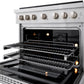 ZLINE 36 in. 5.2 cu. ft. Paramount Dual Fuel Range with Gas Cooktop and Electric Convection Oven in Satin Stainless Steel with 6 Brass Burners (SDRS-BR-36) front, oven open showing interior racks and lights.