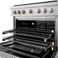 ZLINE 36 in. 5.2 cu. ft. Paramount Dual Fuel Range with Gas Cooktop and Electric Convection Oven in Satin Stainless Steel with 6 Brass Burners (SDRS-BR-36) front, oven open showing interior racks and lights.