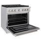 ZLINE 36 in. 5.2 cu. ft. Paramount Dual Fuel Range with Gas Cooktop and Electric Convection Oven in Satin Stainless Steel with 6 Brass Burners (SDRS-BR-36) side, oven open.