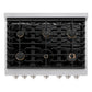ZLINE 36 in. 5.2 cu. ft. Paramount Dual Fuel Range with Gas Cooktop and Electric Convection Oven in Satin Stainless Steel with 6 Brass Burners (SDRS-BR-36) top-down, above cooktop.