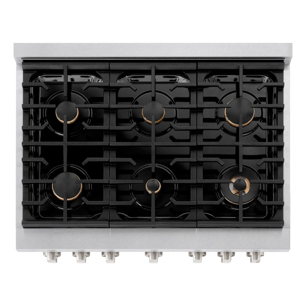 ZLINE 36 in. 5.2 cu. ft. Paramount Dual Fuel Range with Gas Cooktop and Electric Convection Oven in Satin Stainless Steel with 6 Brass Burners (SDRS-BR-36) top-down, above cooktop.