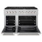 ZLINE 48 in. 6.7 cu. ft. Paramount Double Oven Dual Fuel Range in Satin Stainless Steel with 8 Brass Burners (SDRS-BR-48) front, oven open.
