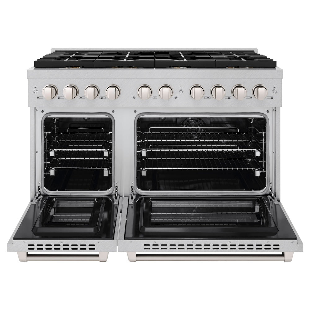 ZLINE 48 in. 6.7 cu. ft. Paramount Double Oven Dual Fuel Range in Satin Stainless Steel with 8 Brass Burners (SDRS-BR-48) front, oven open.