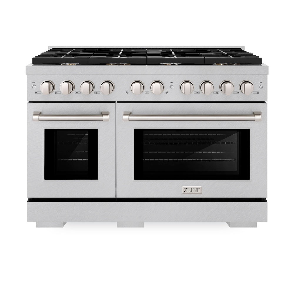 ZLINE 48 in. 6.7 cu. ft. Paramount Double Oven Dual Fuel Range in Satin Stainless Steel with 8 Brass Burners (SDRS-BR-48) front.