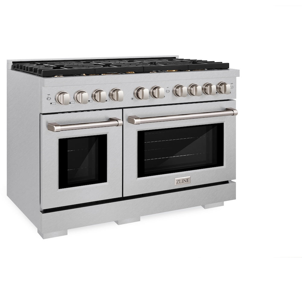 ZLINE 48 in. 6.7 cu. ft. Paramount Double Oven Dual Fuel Range in Satin Stainless Steel with 8 Brass Burners (SDRS-BR-48) side.