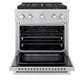 ZLINE 30 in. 4.2 cu. ft. Paramount Dual Fuel Range with 4 Burner DuoPro™ Cooktop and Electric Convection Oven in Satin Stainless Steel (PSDRS-30) front, oven open.