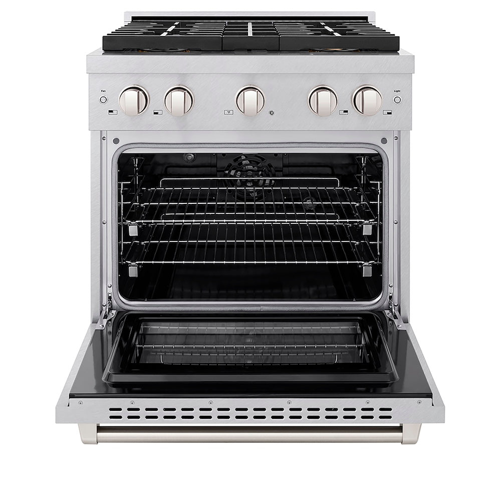 ZLINE 30 in. 4.2 cu. ft. Paramount Dual Fuel Range with 4 Burner DuoPro™ Cooktop and Electric Convection Oven in Satin Stainless Steel (PSDRS-30) front, oven open.