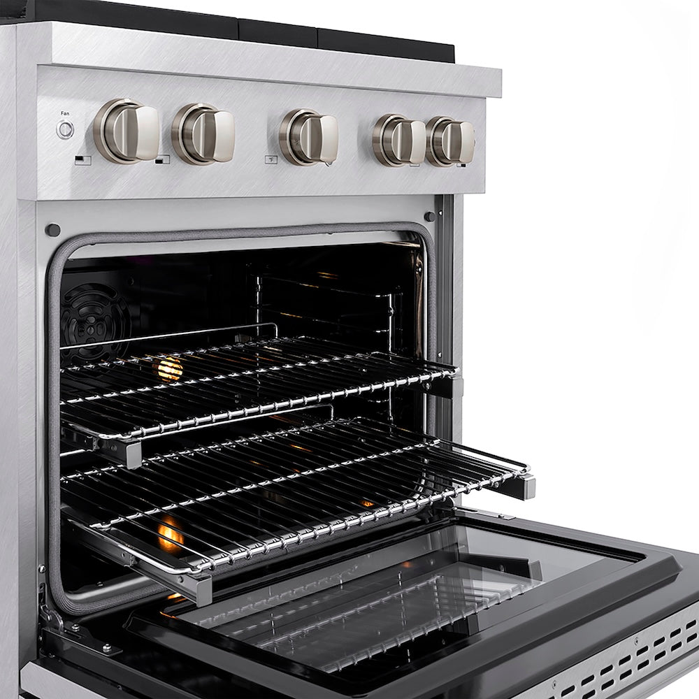 ZLINE 30 in. 4.2 cu. ft. Paramount Dual Fuel Range with 4 Burner DuoPro™ Cooktop and Electric Convection Oven in Satin Stainless Steel (PSDRS-30) side, oven open showing racks extended.