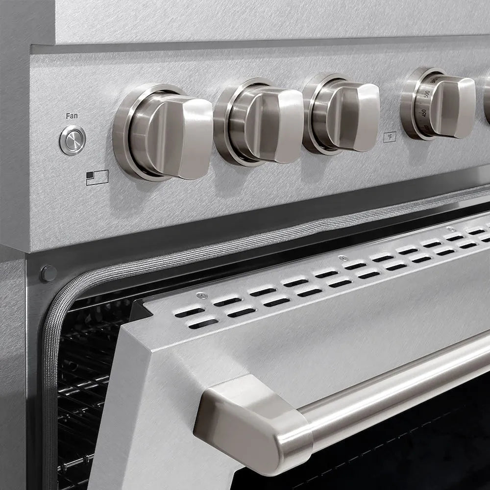 ZLINE 36 in. 5.2 cu. ft. Paramount Dual Fuel Range with 6 Burner DuoPro™ Cooktop and Electric Convection Oven in Satin Stainless Steel (PSDRS-36) oven door slightly open showing handle detail.