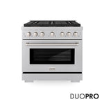 ZLINE 36 in. 5.2 cu. ft. Paramount Dual Fuel Range with 6 Burner DuoPro™ Cooktop and Electric Convection Oven in Satin Stainless Steel (PSDRS-36) front, with DuoPro™ logo.