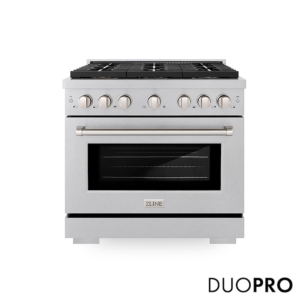 ZLINE 36 in. 5.2 cu. ft. Paramount Dual Fuel Range with 6 Burner DuoPro™ Cooktop and Electric Convection Oven in Satin Stainless Steel (PSDRS-36) front, with DuoPro™ logo.