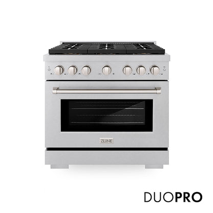 ZLINE 36 in. 5.2 cu. ft. Paramount Dual Fuel Range with 6 Burner DuoPro™ Cooktop and Electric Convection Oven in Satin Stainless Steel (PSDRS-36) front, with DuoPro™ logo.