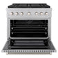 ZLINE 36 in. 5.2 cu. ft. Paramount Dual Fuel Range with 6 Burner DuoPro™ Cooktop and Electric Convection Oven in Satin Stainless Steel (PSDRS-36) front, oven open.