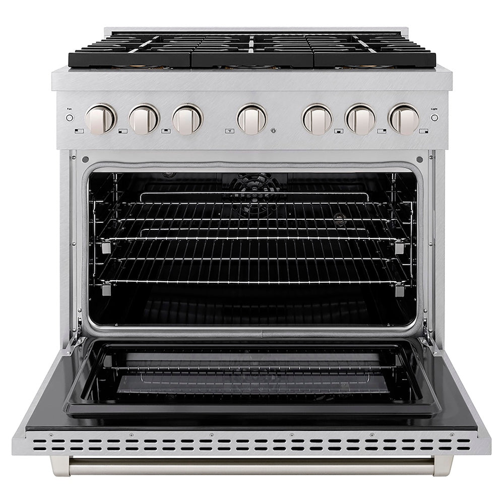 ZLINE 36 in. 5.2 cu. ft. Paramount Dual Fuel Range with 6 Burner DuoPro™ Cooktop and Electric Convection Oven in Satin Stainless Steel (PSDRS-36) front, oven open.