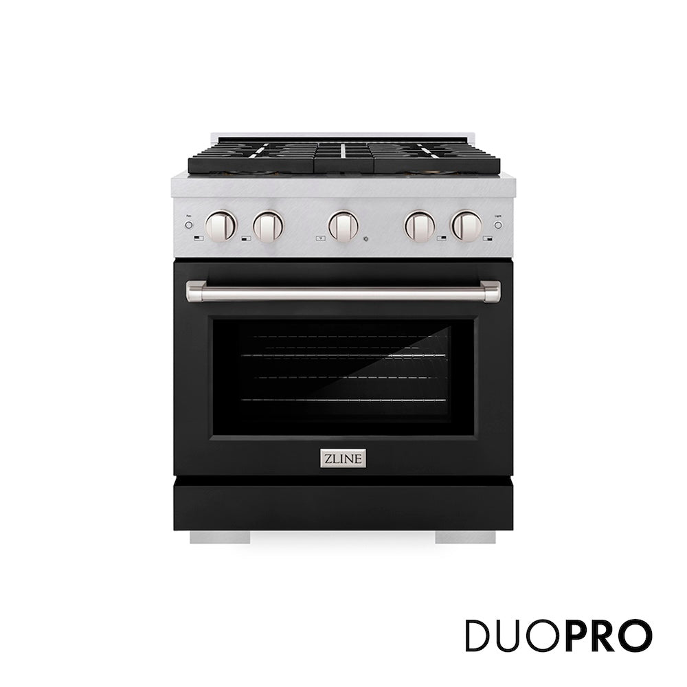 ZLINE 30 in. 4.2 cu. ft. Paramount Dual Fuel Range with 4 Burner DuoPro™ Cooktop and Electric Convection Oven in Satin Stainless Steel with Black Matte Door (PSDRS-BLM-30) front, with DuoPro™ logo.