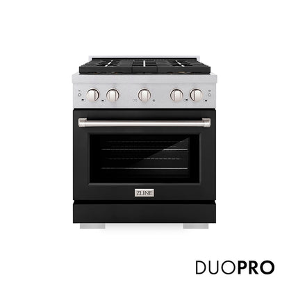 ZLINE 30 in. 4.2 cu. ft. Paramount Dual Fuel Range with 4 Burner DuoPro™ Cooktop and Electric Convection Oven in Satin Stainless Steel with Black Matte Door (PSDRS-BLM-30) front, with DuoPro™ logo.