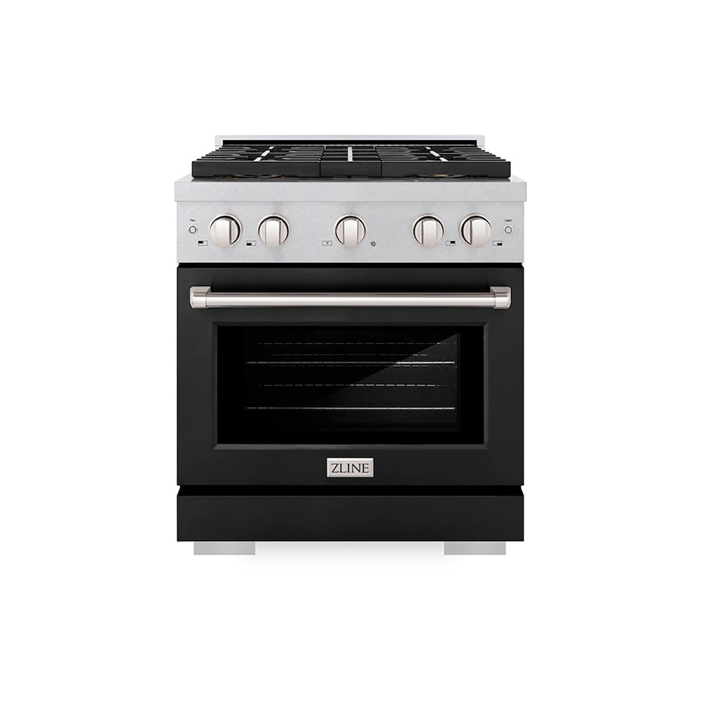 ZLINE 30 in. 4.2 cu. ft. Paramount Dual Fuel Range with 4 Burner DuoPro™ Cooktop and Electric Convection Oven in Satin Stainless Steel with Black Matte Door (PSDRS-BLM-30) front.
