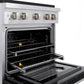 ZLINE 30 in. 4.2 cu. ft. Paramount Dual Fuel Range with 4 Burner DuoPro™ Cooktop and Electric Convection Oven in Satin Stainless Steel with Black Matte Door (PSDRS-BLM-30) side, oven open showing racks extended.
