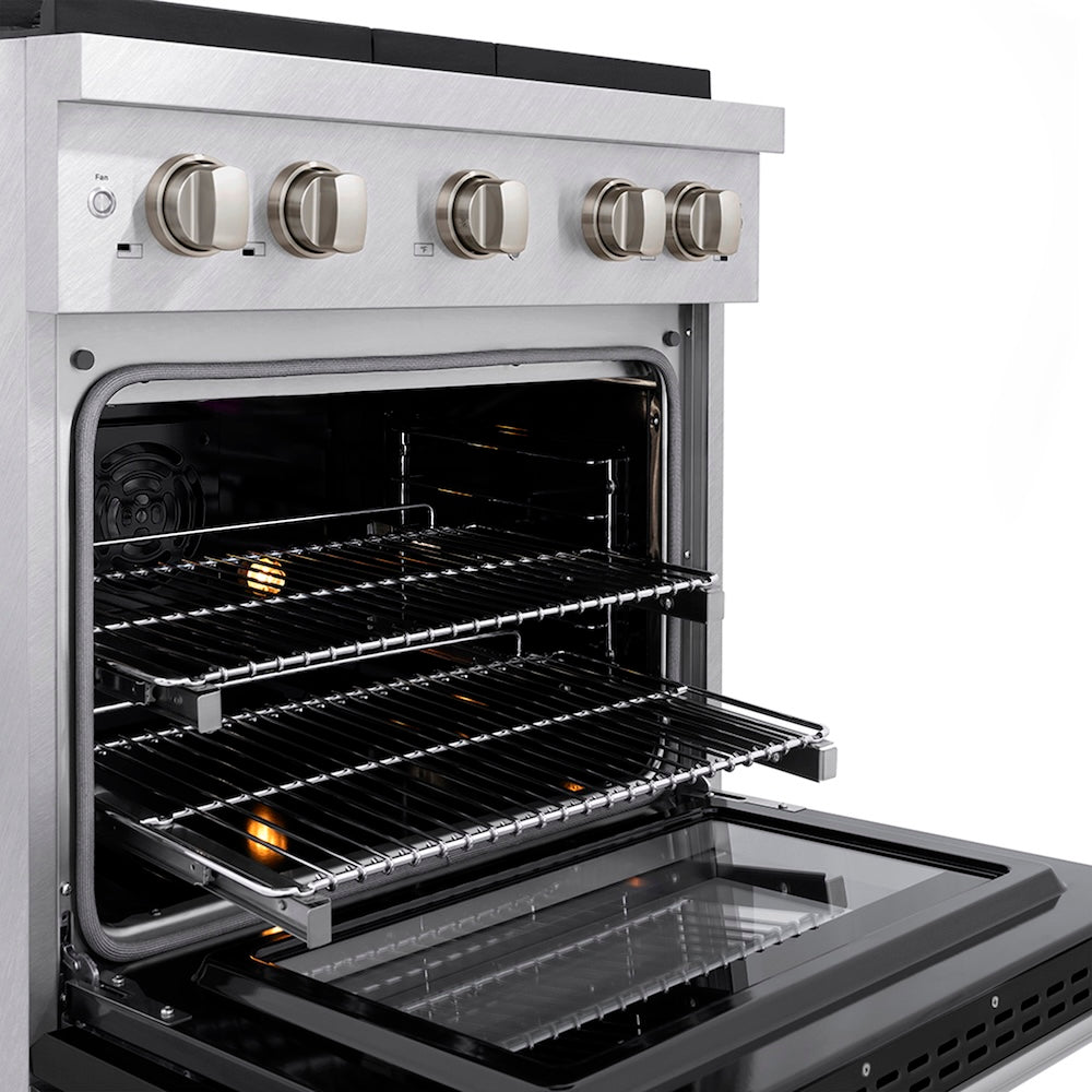 ZLINE 30 in. 4.2 cu. ft. Paramount Dual Fuel Range with 4 Burner DuoPro™ Cooktop and Electric Convection Oven in Satin Stainless Steel with Black Matte Door (PSDRS-BLM-30) side, oven open showing racks extended.