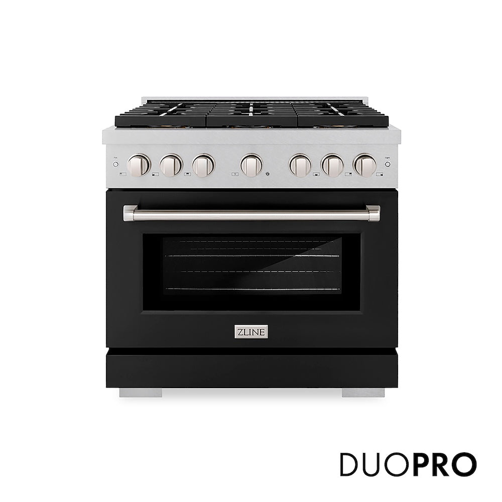 ZLINE 36 in. 5.2 cu. ft. Paramount Dual Fuel Range with 6 Burner DuoPro™ Cooktop and Electric Convection Oven in Satin Stainless Steel with Black Matte Door (PSDRS-BLM-36) front, with DuoPro™ logo.