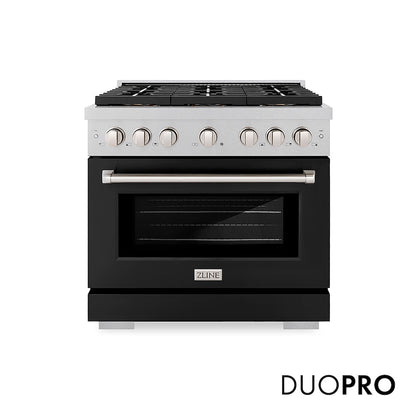 ZLINE 36 in. 5.2 cu. ft. Paramount Dual Fuel Range with 6 Burner DuoPro™ Cooktop and Electric Convection Oven in Satin Stainless Steel with Black Matte Door (PSDRS-BLM-36) front, with DuoPro™ logo.