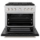 ZLINE 36 in. 5.2 cu. ft. Paramount Dual Fuel Range with 6 Burner DuoPro™ Cooktop and Electric Convection Oven in Satin Stainless Steel with Black Matte Door (PSDRS-BLM-36) front, oven open.