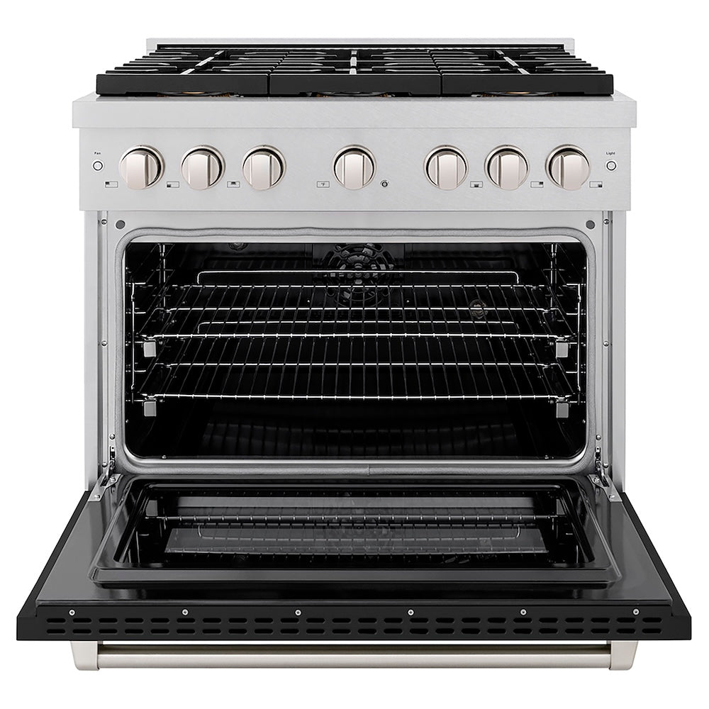 ZLINE 36 in. 5.2 cu. ft. Paramount Dual Fuel Range with 6 Burner DuoPro™ Cooktop and Electric Convection Oven in Satin Stainless Steel with Black Matte Door (PSDRS-BLM-36) front, oven open.
