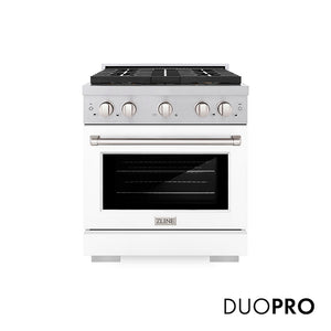 ZLINE 30 in. 4.2 cu. ft. Paramount Dual Fuel Range with 4 Burner DuoPro™ Cooktop and Electric Convection Oven in Satin Stainless Steel with White Matte Door (PSDRS-WM-30) main image.