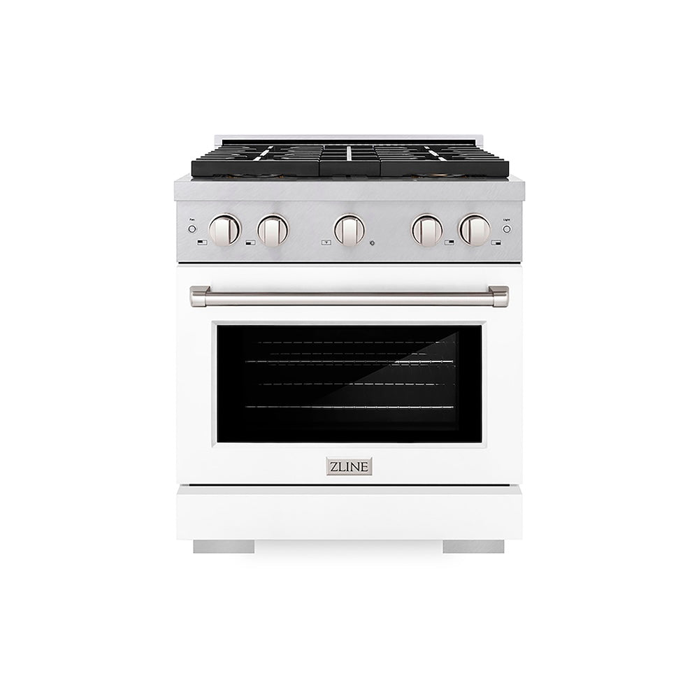 ZLINE 30 in. 4.2 cu. ft. Paramount Dual Fuel Range with 4 Burner DuoPro™ Cooktop and Electric Convection Oven in Satin Stainless Steel with White Matte Door (PSDRS-WM-30) front.