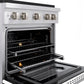 ZLINE 30 in. 4.2 cu. ft. Paramount Dual Fuel Range with 4 Burner DuoPro™ Cooktop and Electric Convection Oven in Satin Stainless Steel with White Matte Door (PSDRS-WM-30) side, oven open showing racks extended.