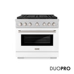 ZLINE 36 in. 5.2 cu. ft. Paramount Dual Fuel Range with 6 Burner DuoPro™ Cooktop and Electric Convection Oven in Satin Stainless Steel with White Matte Door (PSDRS-WM-36) front, with DuoPro™ logo.