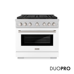 ZLINE 36 in. 5.2 cu. ft. Paramount Dual Fuel Range with 6 Burner DuoPro™ Cooktop and Electric Convection Oven in Satin Stainless Steel with White Matte Door (PSDRS-WM-36) main image.
