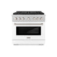 ZLINE 36 in. 5.2 cu. ft. Paramount Dual Fuel Range with 6 Burner DuoPro™ Cooktop and Electric Convection Oven in Satin Stainless Steel with White Matte Door (PSDRS-WM-36) front.