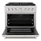 ZLINE 36 in. 5.2 cu. ft. Paramount Dual Fuel Range with 6 Burner DuoPro™ Cooktop and Electric Convection Oven in Satin Stainless Steel with White Matte Door (PSDRS-WM-36) front, oven open.