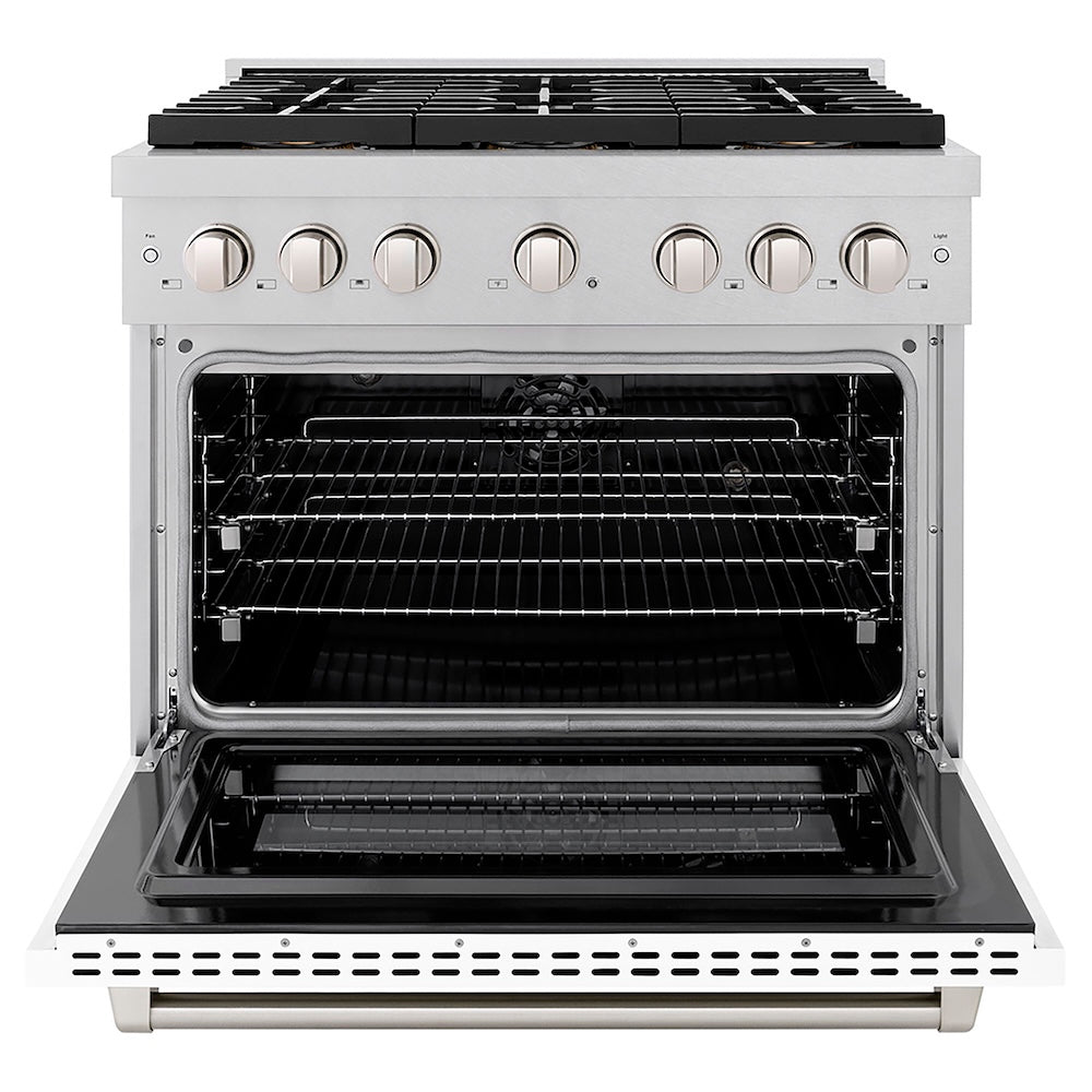 ZLINE 36 in. 5.2 cu. ft. Paramount Dual Fuel Range with 6 Burner DuoPro™ Cooktop and Electric Convection Oven in Satin Stainless Steel with White Matte Door (PSDRS-WM-36) front, oven open.