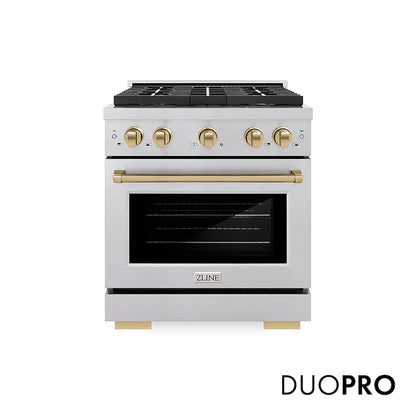 ZLINE Autograph Edition 30 in. 4.2 cu. ft. Paramount Dual Fuel Range with 4 Burner DuoPro™ Cooktop and Electric Convection Oven in Satin Stainless Steel and Champagne Bronze Accents (PSDRSZ-30-CB) front, with DuoPro™ logo.